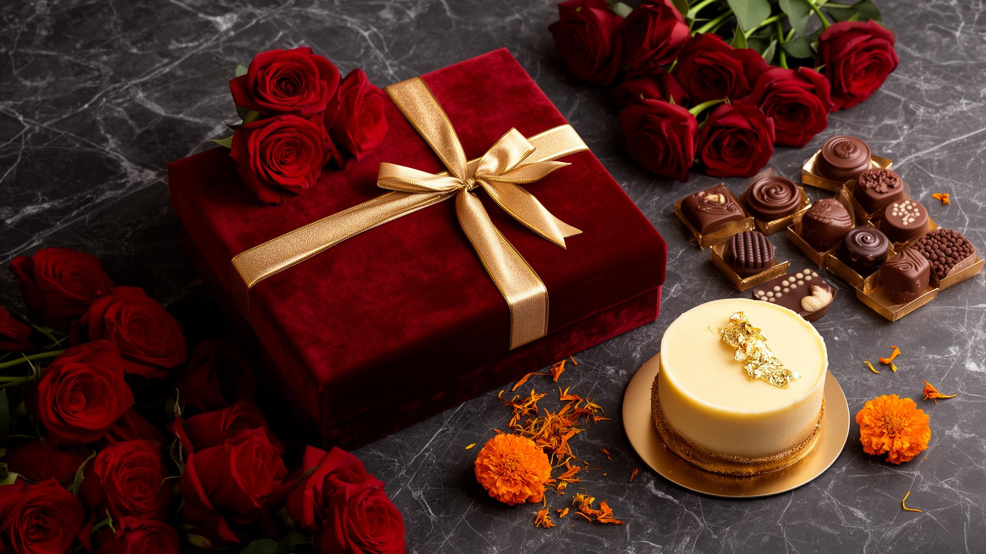 Luxury Indian gift hamper with red velvet box, roses, chocolates and cake